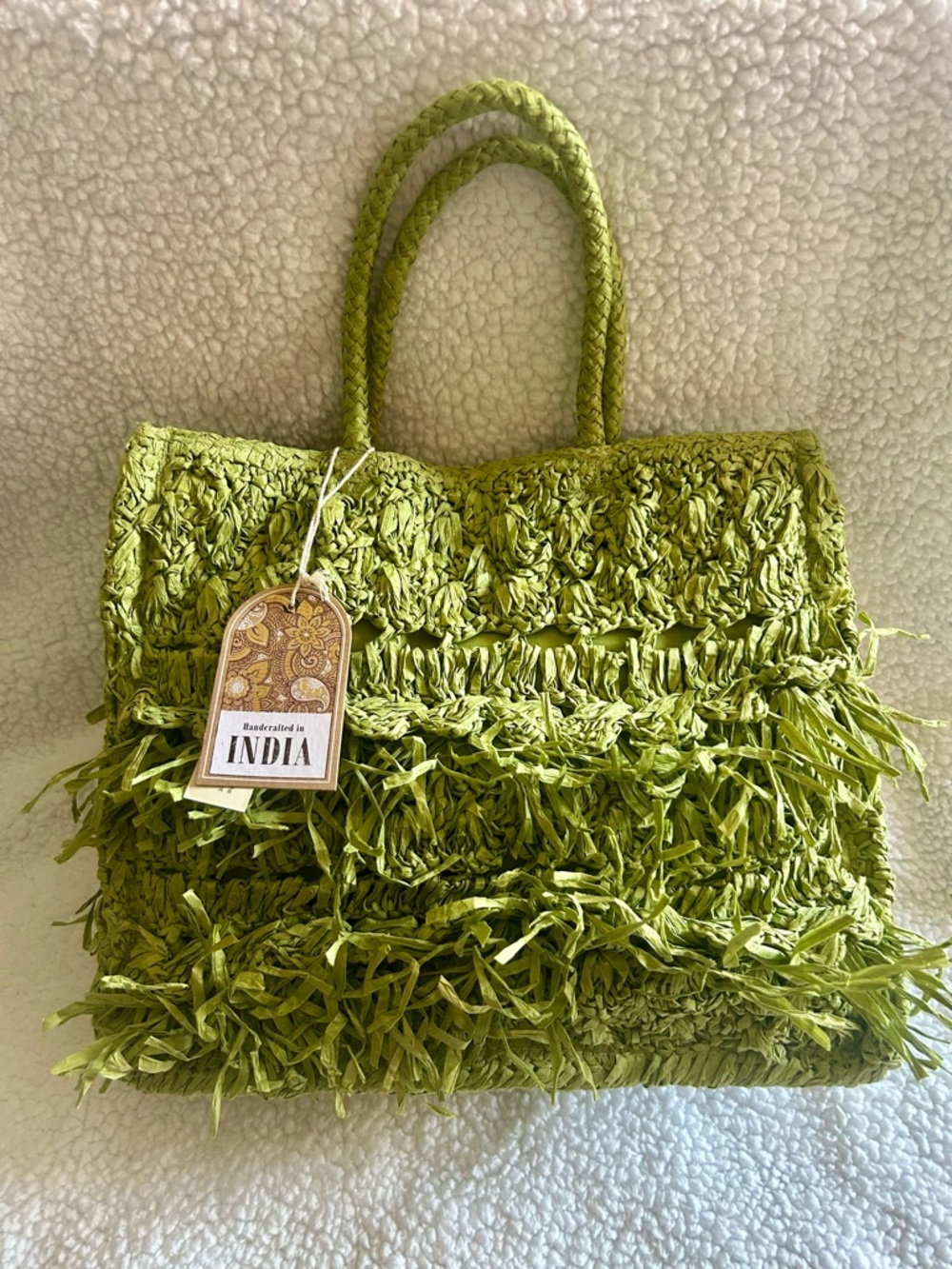 New Handcrafted In India Straw Paper Green Purse Bag Snap Closure NWT